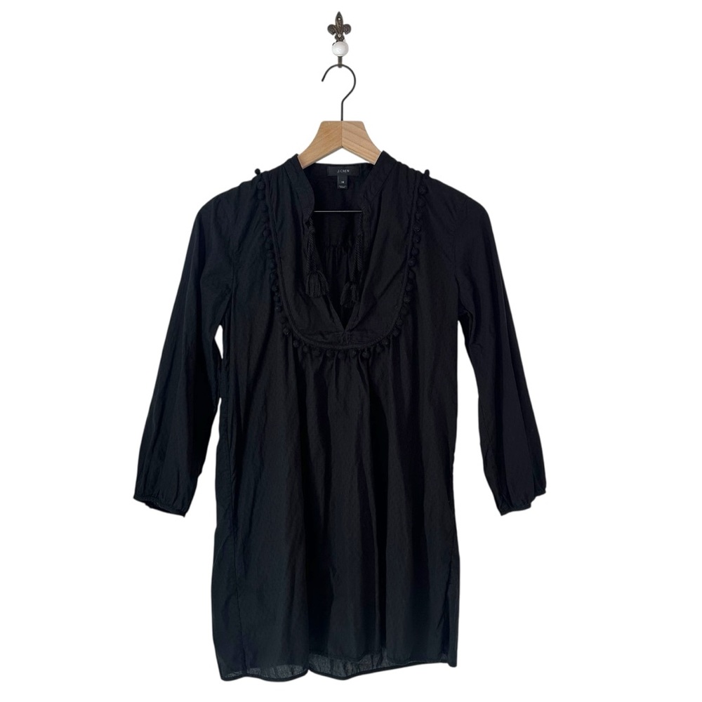 J.Crew Tassel Pom Pom Trim Tunic Top Black Long Sleeve Size XS‎